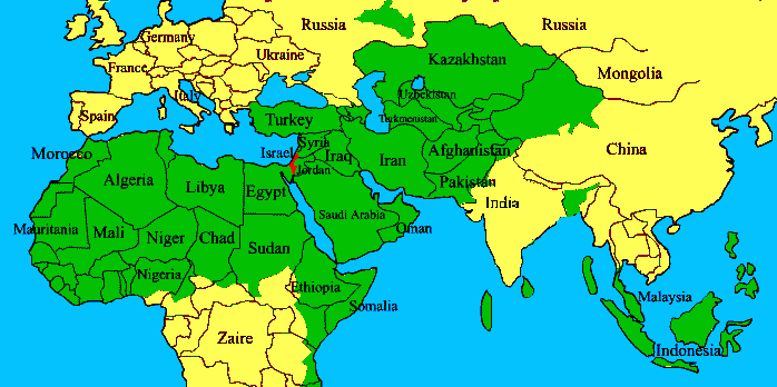 Display of the Muslim Nations of the World in the Middle East, Asia and Northern Africa in Green with Israel depicted in Red making the relative size of Israel evident and consisting of under one percent of the land mass
