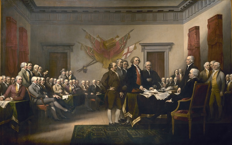 Singing of the Declaration of Independence representative as the majority were present at the date considered to be the official signing but some had returned home and would sign it before it was delivered and there were several copies such that one could be delivered to King George III in London and others delivered to the spate State Committees and other copies stored separately for their collective safety