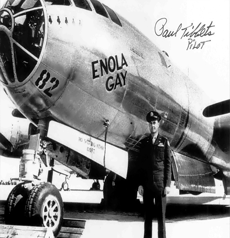 Silverplate B-29 Superfortress Enola Gay with Pilot Col Paul Tibbets, named after its Pilot Colonel Paul W. Tibbets' mother carried Little Boy to its target of Hiroshima historic picture og man and his aircraft