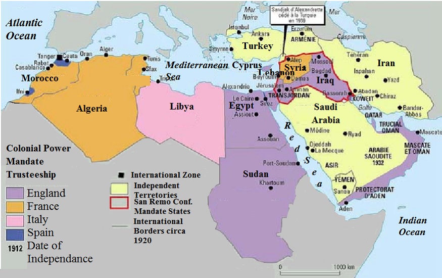 Colonial Structure Post World War I defined by Treaties from initial surrender in 1919 through the San Remo Conference setting up the Mandate System in 1922 plus Sykes-Picot redrawing of much of the Middle East